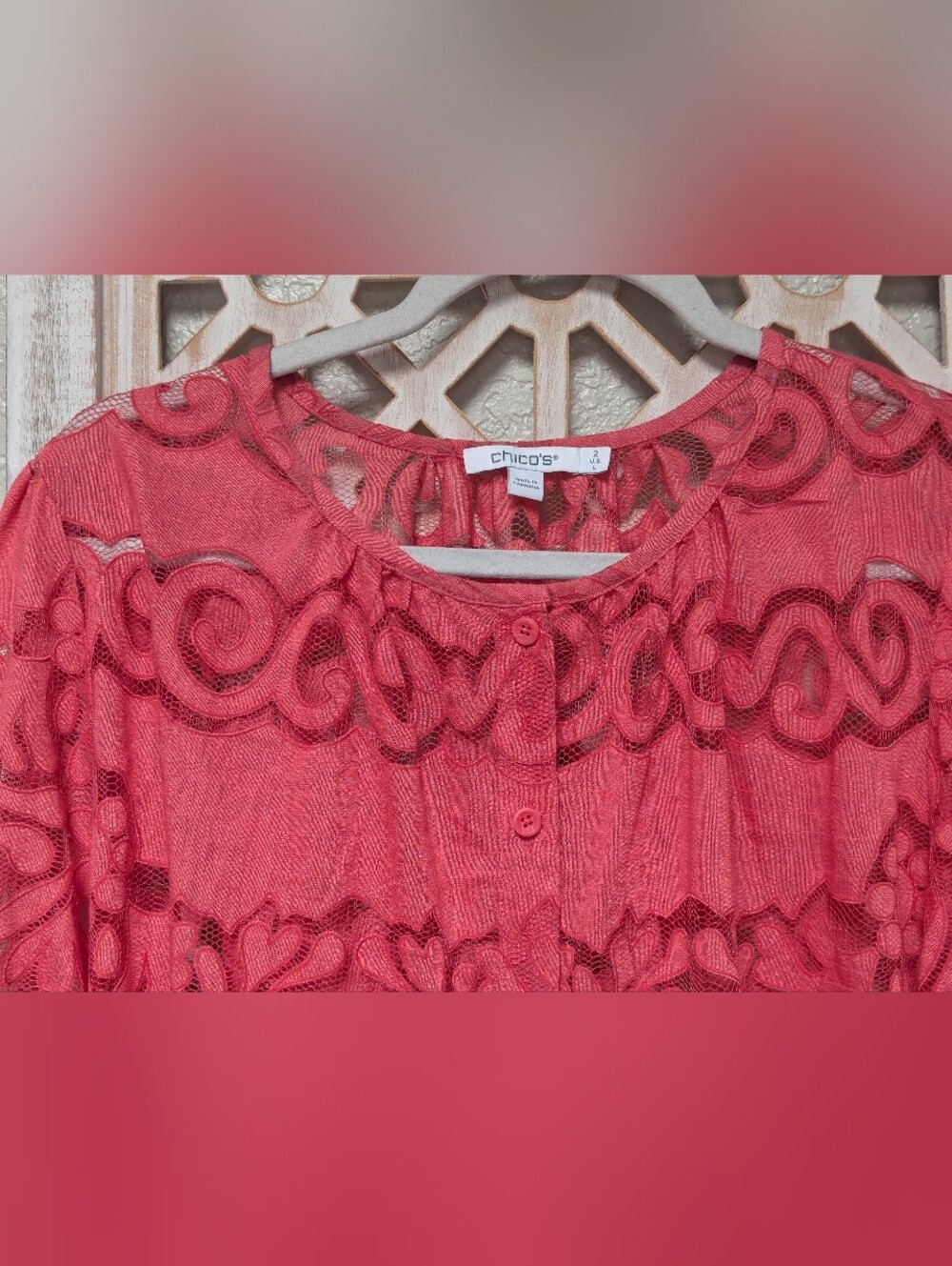 Chico's size 2 (US LG) coral pink button up sheer lace blouse dainty feminine - Picture 4 of 8